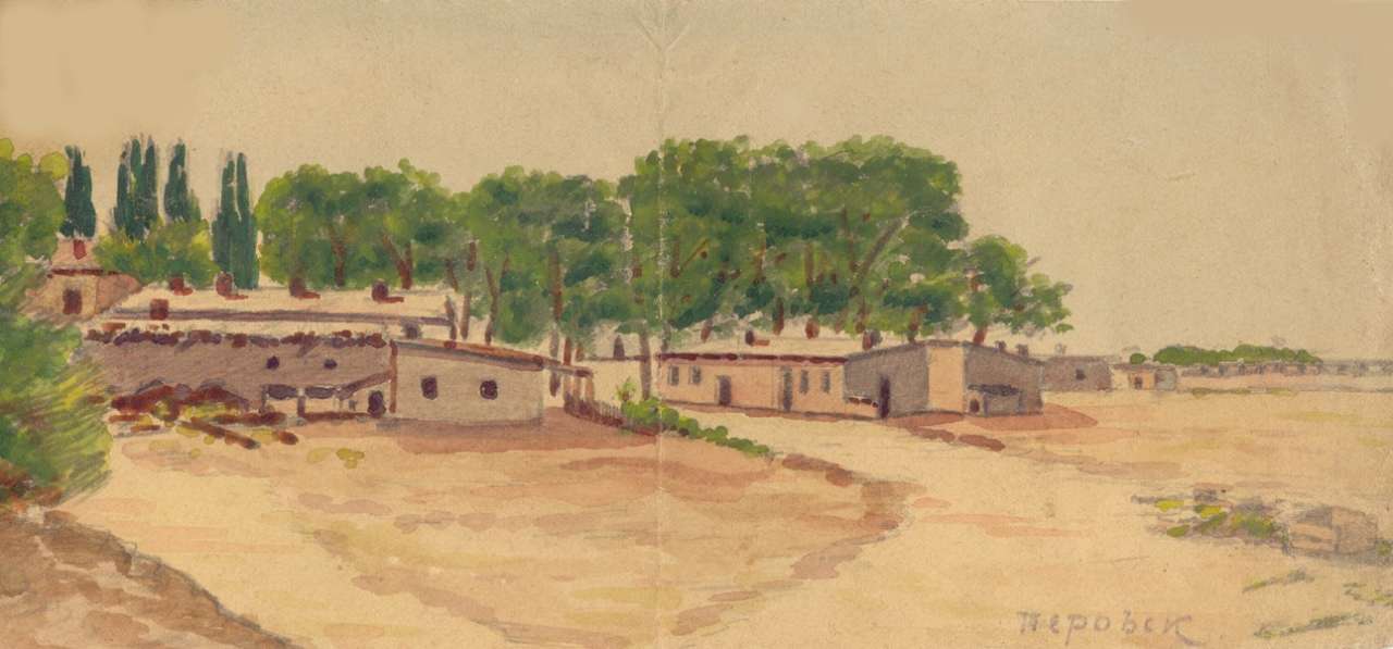 Перовськ, казарми. Акварель інж. Дмитра Кашубинського, 1915 р.